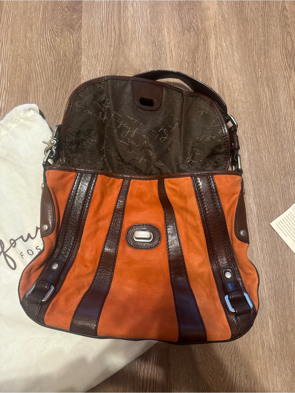 Fossil Fifty-Four Orange Suede & Brown Leather Shoulder Hobo Bag - Picture 2 of 4
